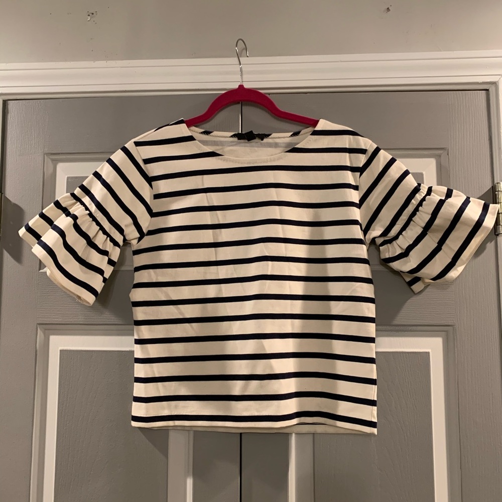 J Crew black & white stripe top with ruffle sleeve